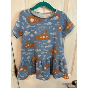 Winter Water Factory Dress Blue Submarine Sea Life Print Ruffle Hem Short Sleeve